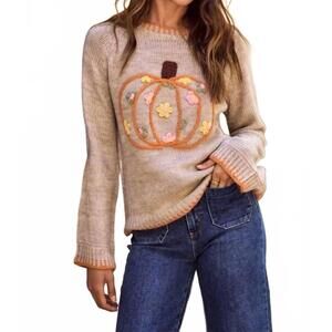 NEW SO ME pumpkin and floral embroidered sweater in beige